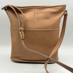 Leather Brass Crossbody Bag Purse Tan Brown Adjustable Zipper Pockets Bucket